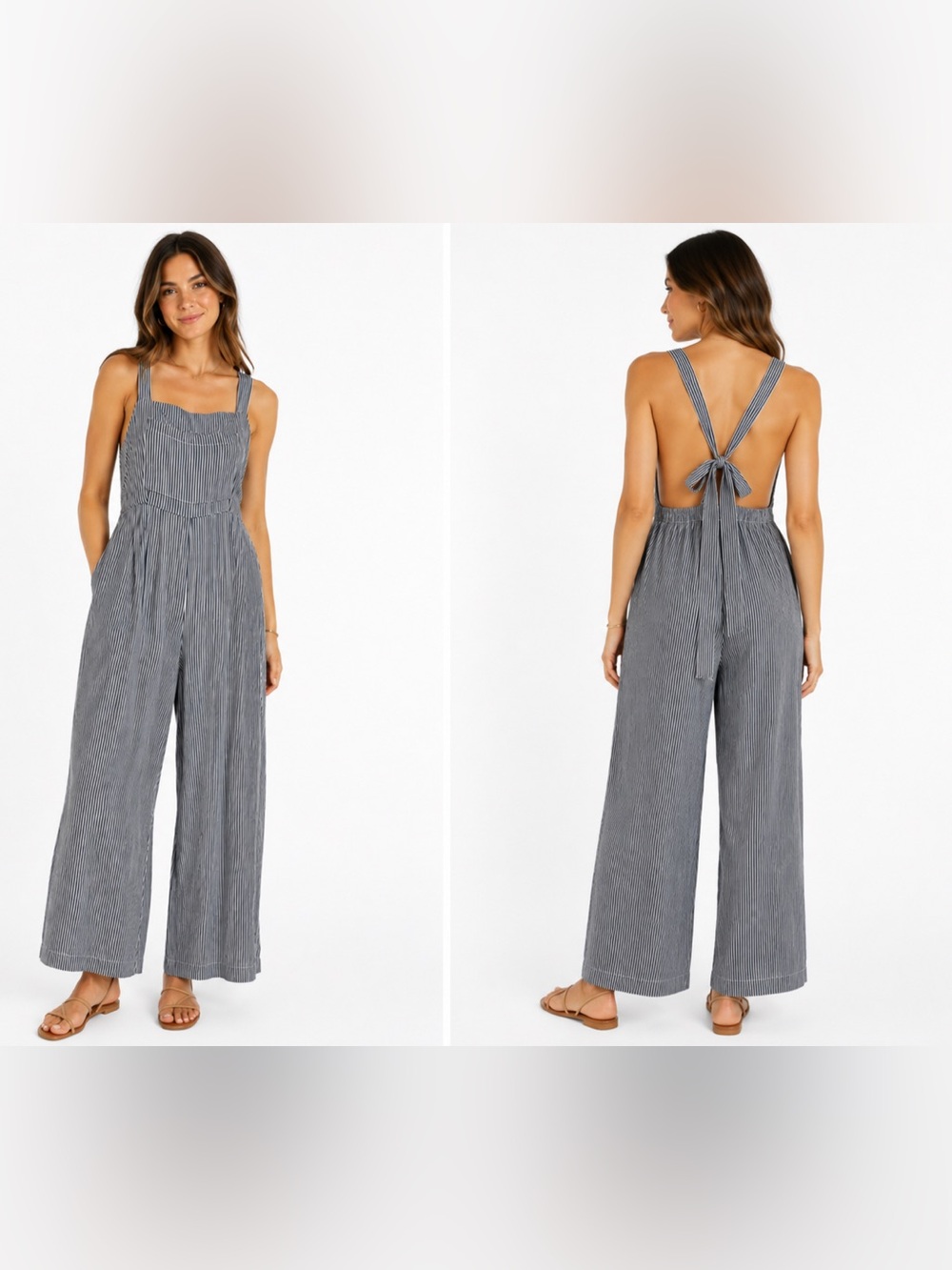Nomad Wide Leg Coastal Jumpsuit  Blue White Tie Back Sleeveless Cottage SzM